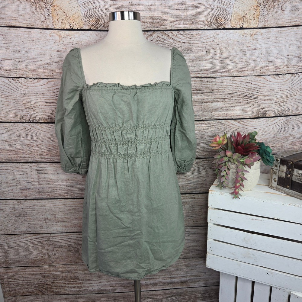 Charlie Holiday Sage Green Linen Blend Smocked Puff Sleeve Mini Dress USA 8